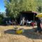 Sonniger Garten mit Schwenkgrill, Zeltdach und gelbem Sonnenschirm, im Hintergrund die Runde am Tisch
